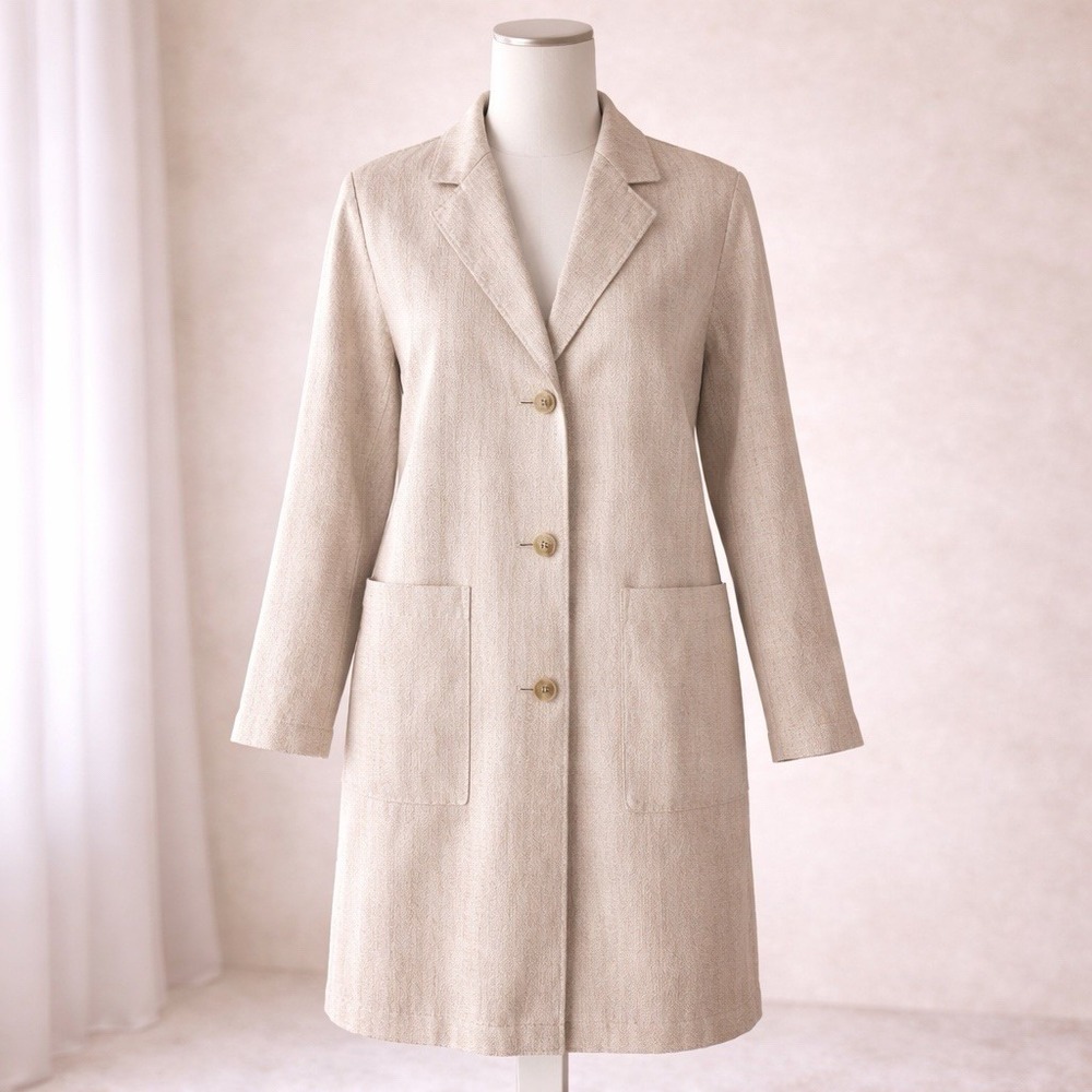 Linen Blend Longline Blazer Duster Coat Oatmeal Beige XS Patch Pockets Layering